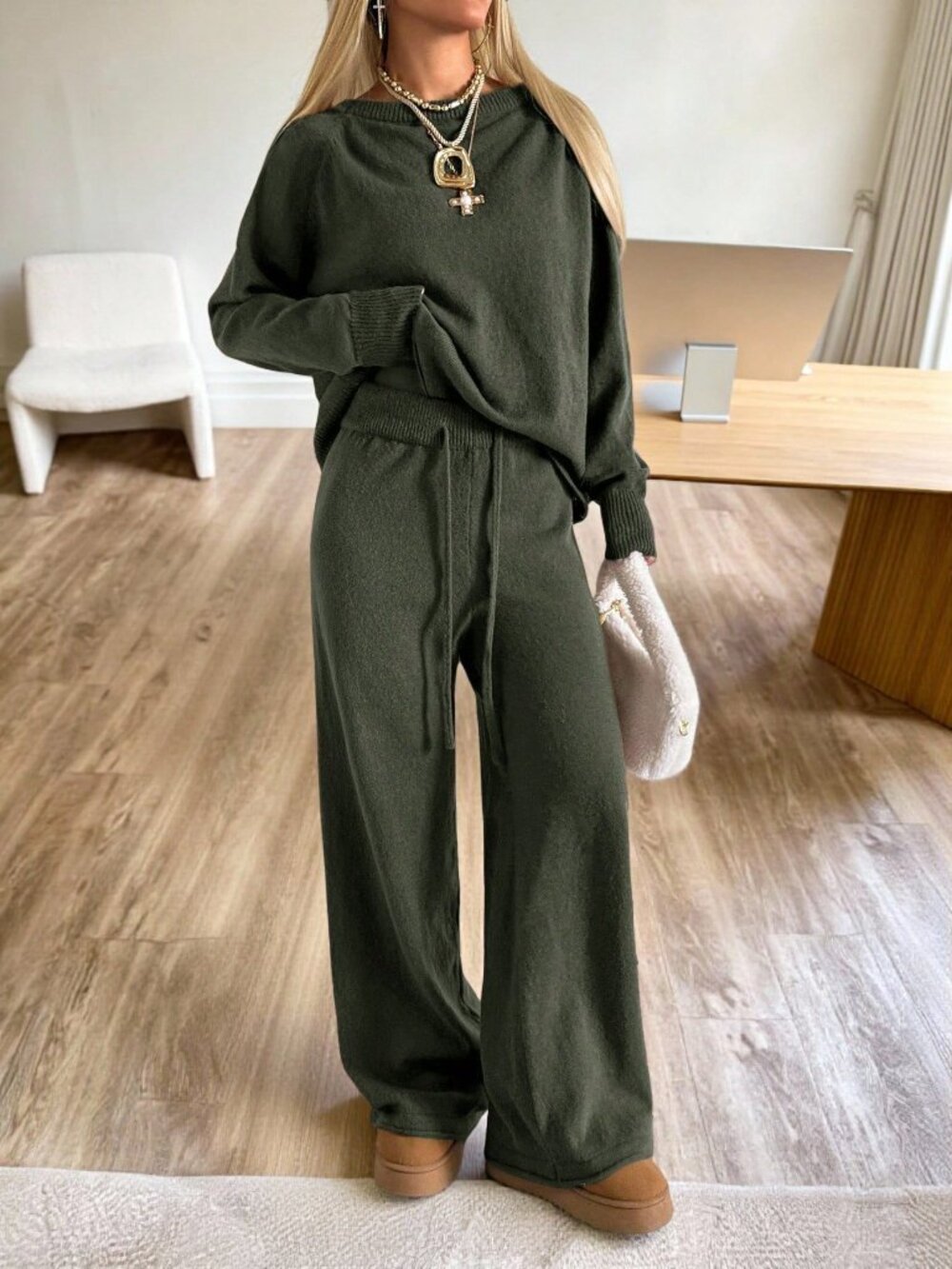 Olive Green Casual Women's Drawstring Rib-Knit Drop Shoulder Long Pants - Picture 3 of 5
